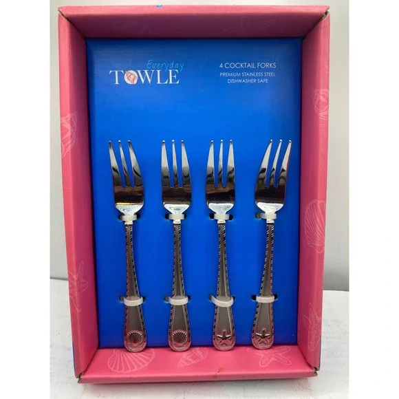 Everyday Towle Antigua Frost Cocktail Forks 4 Piece Stainless Steel Coastal Set - Picture 2 of 9